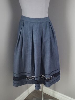 Karl Lagerfeld Chambray Blue Pleated Midi Skirt with Floral Lace Trim